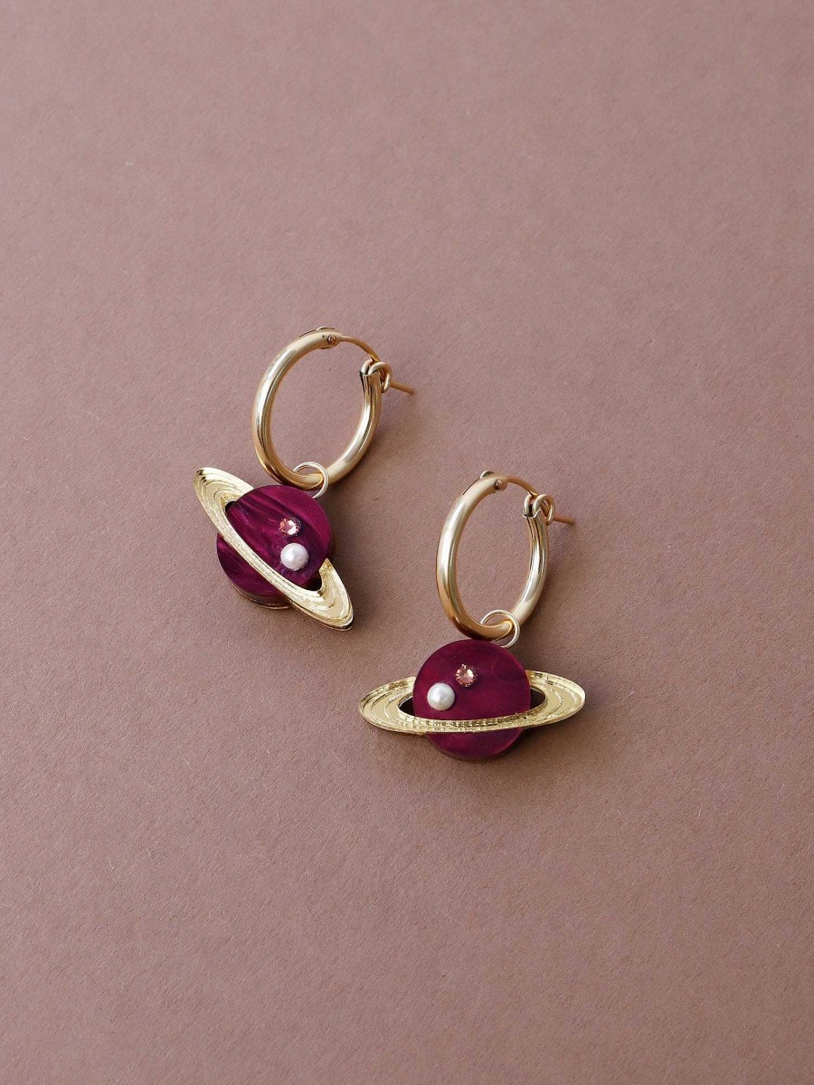 Earrings Wolf & Moon | Saturn Hoops In Cherry